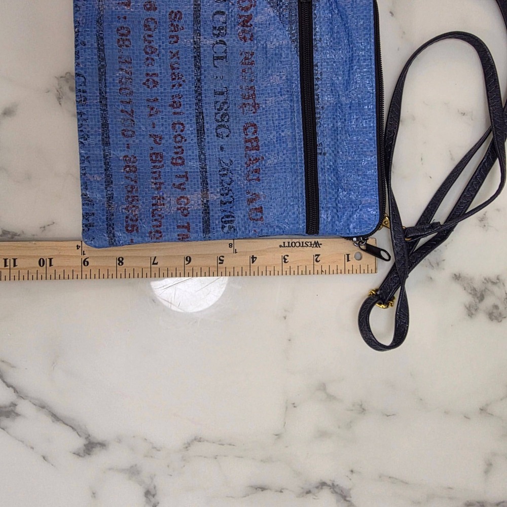Rehab Craft Crossbody Bag Women Small Blue Upcycled Industrial Woven Graphic Zip